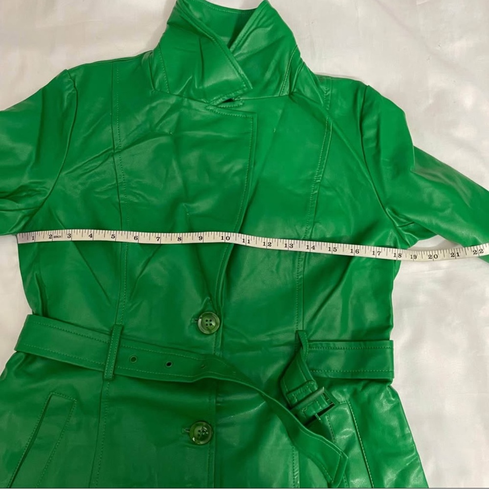 Green faux leather single breasted removable faux fur on collar trench coat - Picture 10 of 13